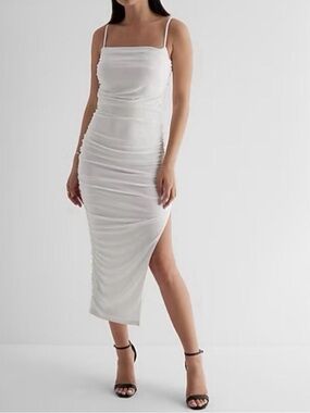 Express White Spaghetti-Strap Ruched Midi Dress